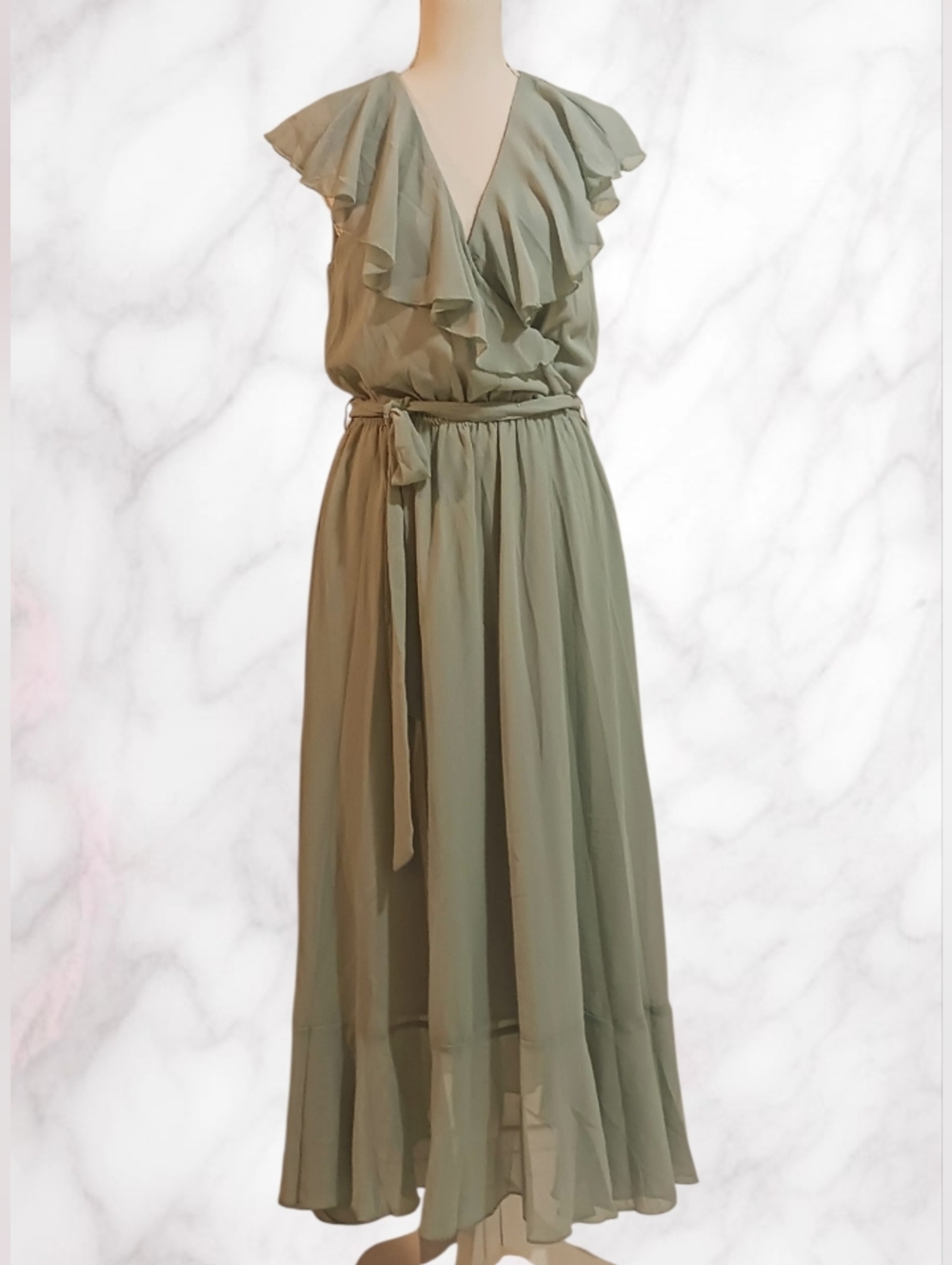 Ruffle Maxi Dress Elastic Waist Spring & Summer V-neck Light Sage Green M